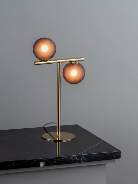 Perch 2 light brass and smoked frosted table lamp