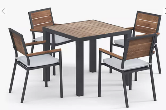 MIAMI CERAMIC TOP 4 SEATER GARDEN DINING TABLE TO INCLUDE 4 X JOHN LEWIS & PARTNERS PLATFORM GARDEN DINING CHAIRS IN DARK STAIN WOOD EFFECT AND GREY