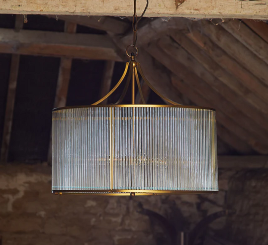 Artemis Circular Chandelier In Brass With Glass Rods And Frosted Glass Baffle, 56x61x11cm