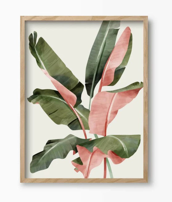 Pink & Green Banana Leaves Art Print 50x70cm