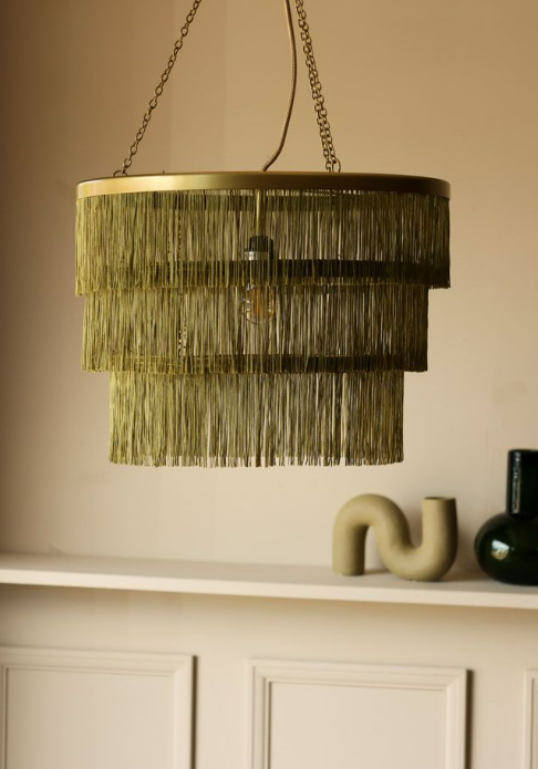 Three-Tier Fringe Chandelier - Avocado Green