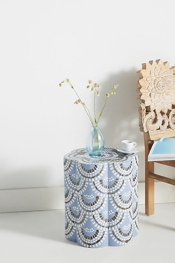 Scalloped Ceramic Side Table In Iris Blue
