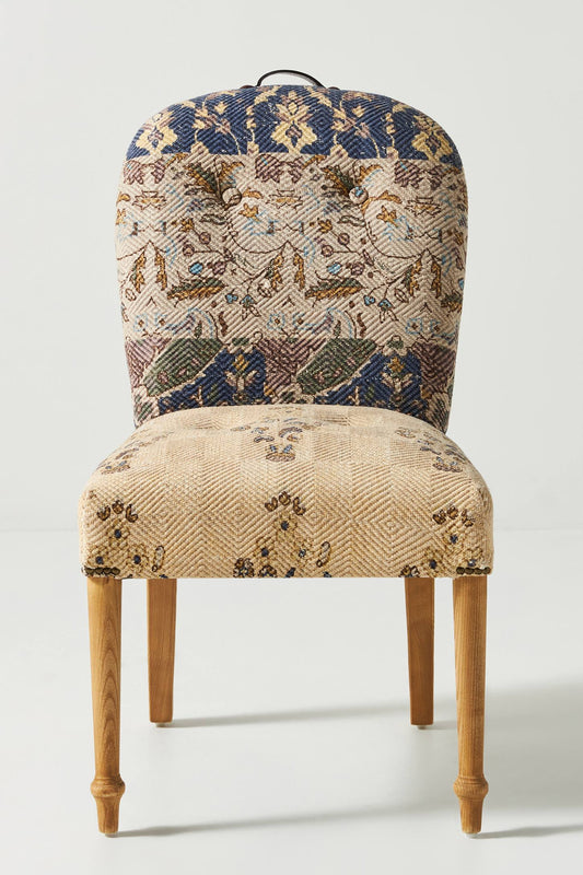 Armless Dining Chair In Blue and Beige Floral Pattern