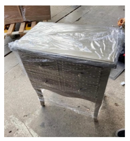 Upholstered & Studded bedside table, Linen & Chrome, 60x35x70cm
