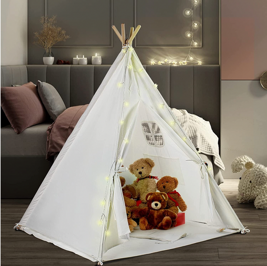 Teepee Tent,Portable Foldable Children’s Play Tent, Cotton Canvas Cone Children’s Playhouse, with Cushions and Light Ropes