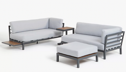 JOHN LEWIS & PARTNERS PLATFORM MODULAR LARGE 3 SEATER GARDEN CORNER SOFA WITH MATCHING FOOTSTOOL AND SIDE TABLE IN DARK STAIN POLYWOOD AND LIGHT GREY