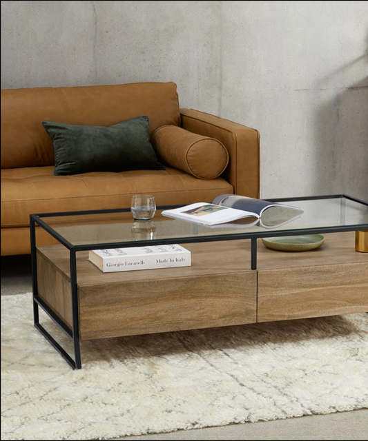 MADE.COM KILBY STORAGE COFFEE TABLE IN LIGHT MANGO WOOD AND CLEAR GLASS