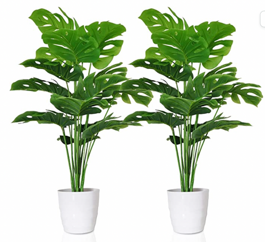 SAJANDAS Set of 2 Artificial Monstera Deliciosa Plants in Plastic Pots, Fake Tropical Palm Tree with Greenery Leaves Stems, 28 Inch Artificial Cheese Plant