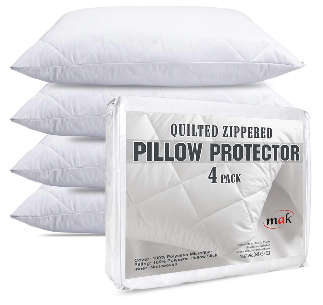 mak - Pack Of 4 Quilted Pillow Cases Protector Zippered Enclosure White 75x50 cm