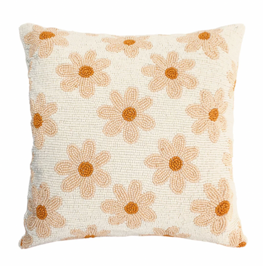 Daisies Beaded Cushion - Crème