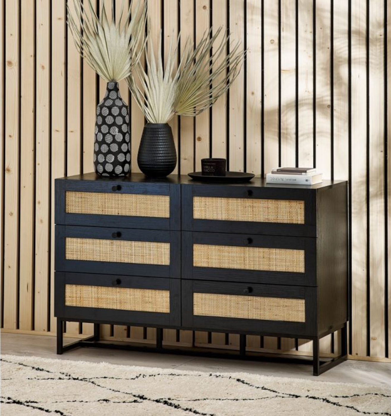 Padstow 6 Drawer Chest - Black, 40x120x75cm