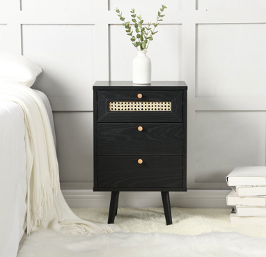 Anya Woven Rattan 3-Drawer Bedside Table in Black Colour, 40x29x62cm