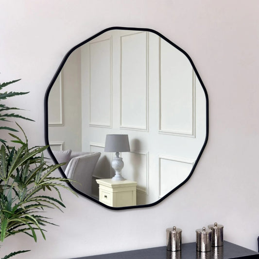Large Round Black Scalloped Wall Mirror 90cm