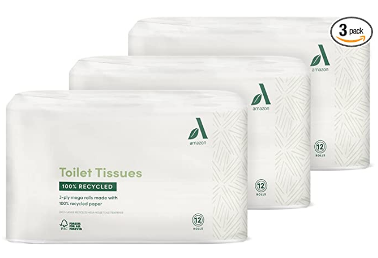 Amazon Aware Toilet Tissues, Produced from 100% Recycled Paper, 36 3-Ply Rolls