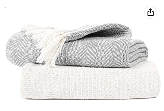 EHC Premium Pack of 2 Cross-Stitch Throws for Sofa/Chair Blanket,125 x 150cm - Grey/Ivory