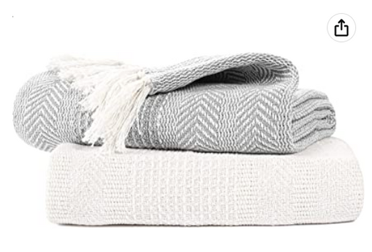 EHC Premium Pack of 2 Cross-Stitch Throws for Sofa/Chair Blanket,125 x 150cm - Grey/Ivory