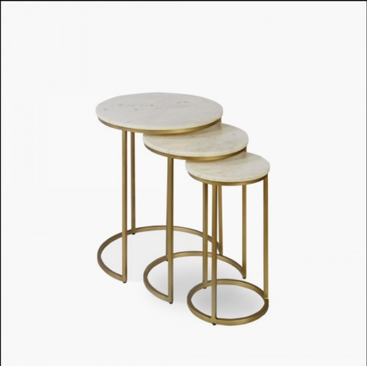 Madison Set Of 3 Nesting Side Tables, White Marble & Brass, 60x51x51cm