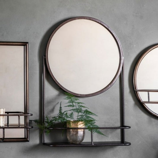 Metal Frame Shelf & Round Wall Mirror