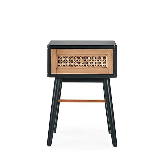 Black & Rattan Bedside Table, 38x38x54cm