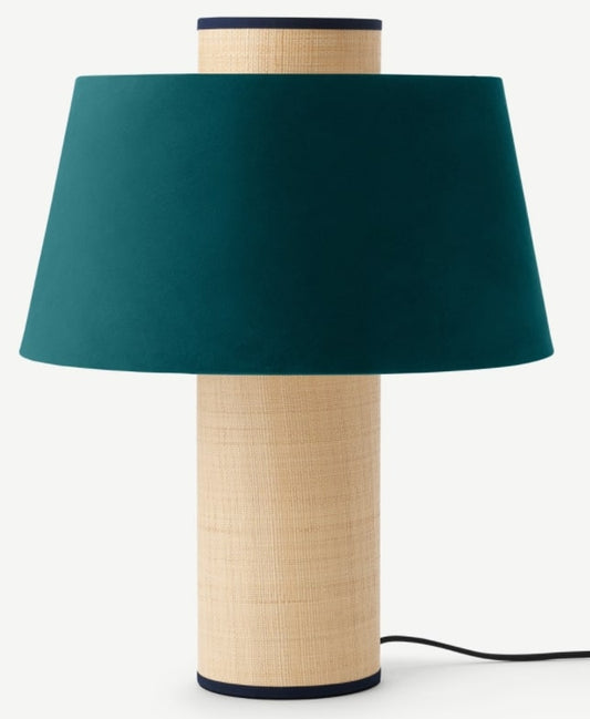 Haroon Table Lamp, Raffia & Peacock Blue Velvet
