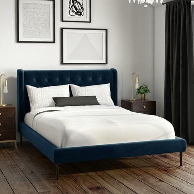 Amara Navy Velvet King Size Bed Frame with Winged Headboard, 168x220x107cm