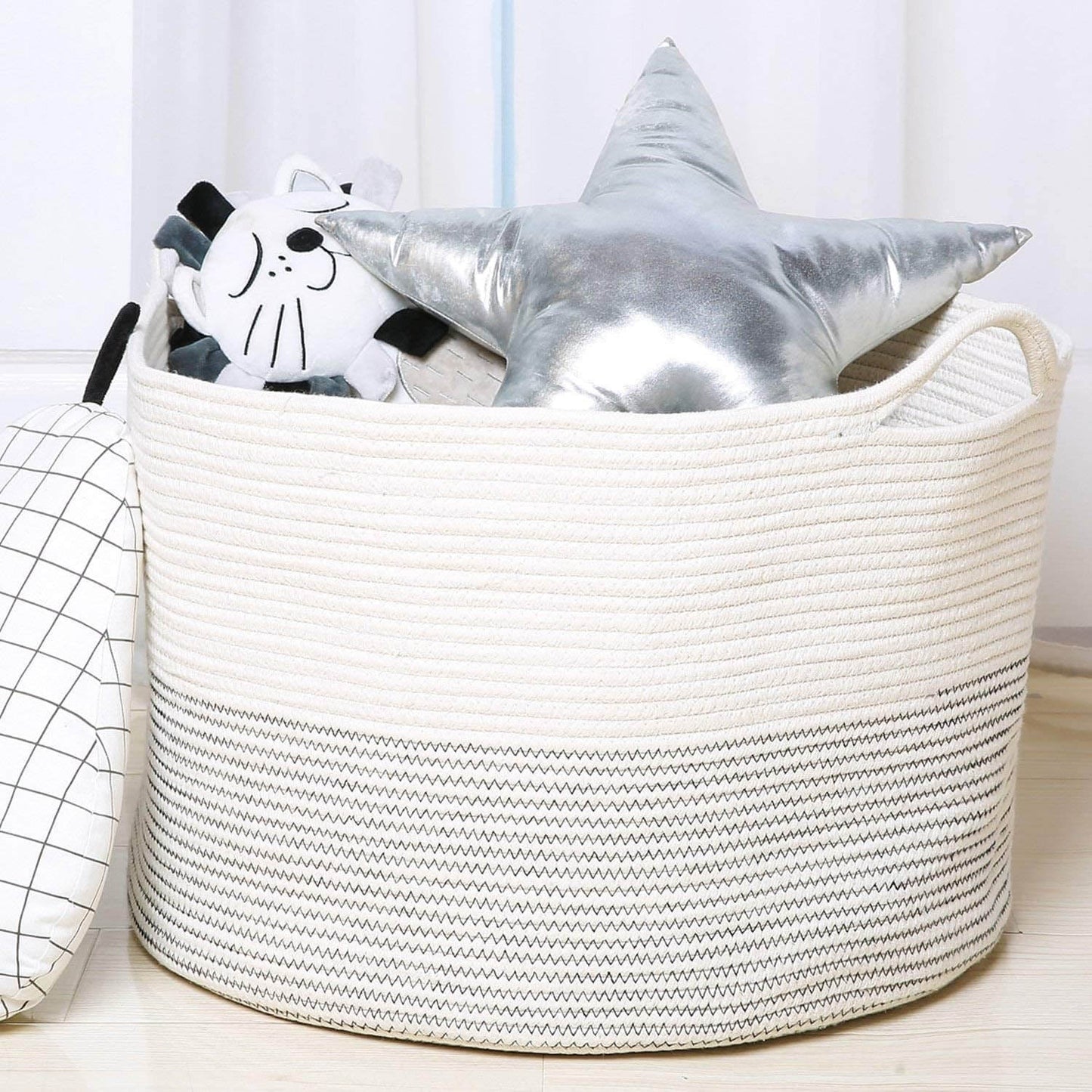 INDRESSME XXXLarge Cotton Rope Basket Woven Baby Laundry Basket for Blankets Toys Storage Basket with Handle Comforter Cushions Storage Bins Thread Laundry Hamper - Black Stitch 55L x 35H CM