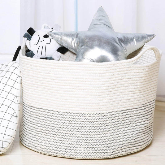 INDRESSME XXXLarge Cotton Rope Basket Woven Baby Laundry Basket for Blankets Toys Storage Basket with Handle Comforter Cushions Storage Bins Thread Laundry Hamper - Black Stitch 55L x 35H CM