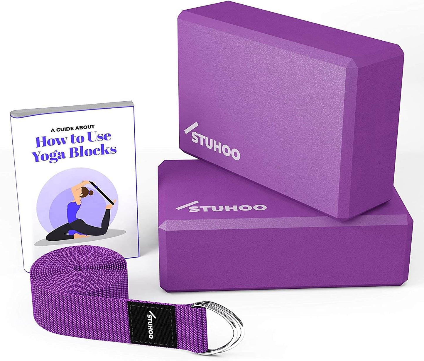 STUHOO Yoga Block (Set of 2) With Metal D-ring Yoga Strap - Includes Descriptive E-book for Beginners - Sturdy and Lightweight Eva Foam Brick Support Deepen Poses, Improves Strength and Stability