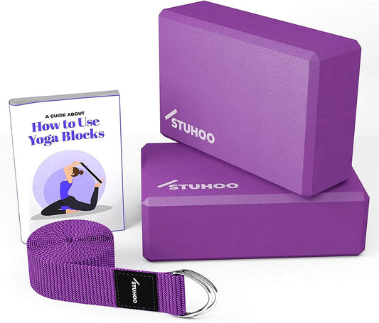 STUHOO Yoga Block (Set of 2) With Metal D-ring Yoga Strap - Includes Descriptive E-book for Beginners - Sturdy and Lightweight Eva Foam Brick Support Deepen Poses, Improves Strength and Stability