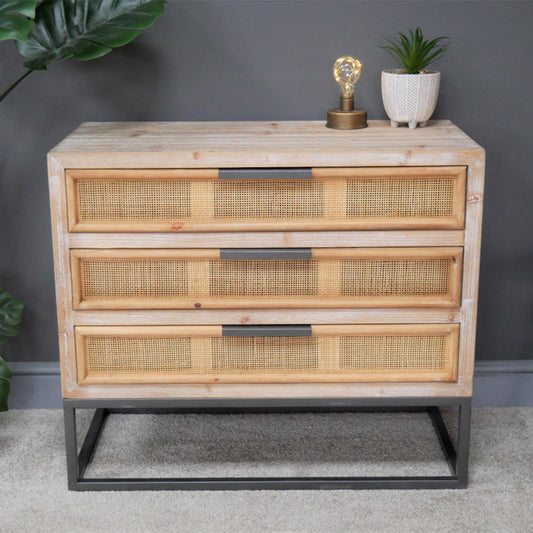 Fir wood and rattan wicker Chest Of Drawers