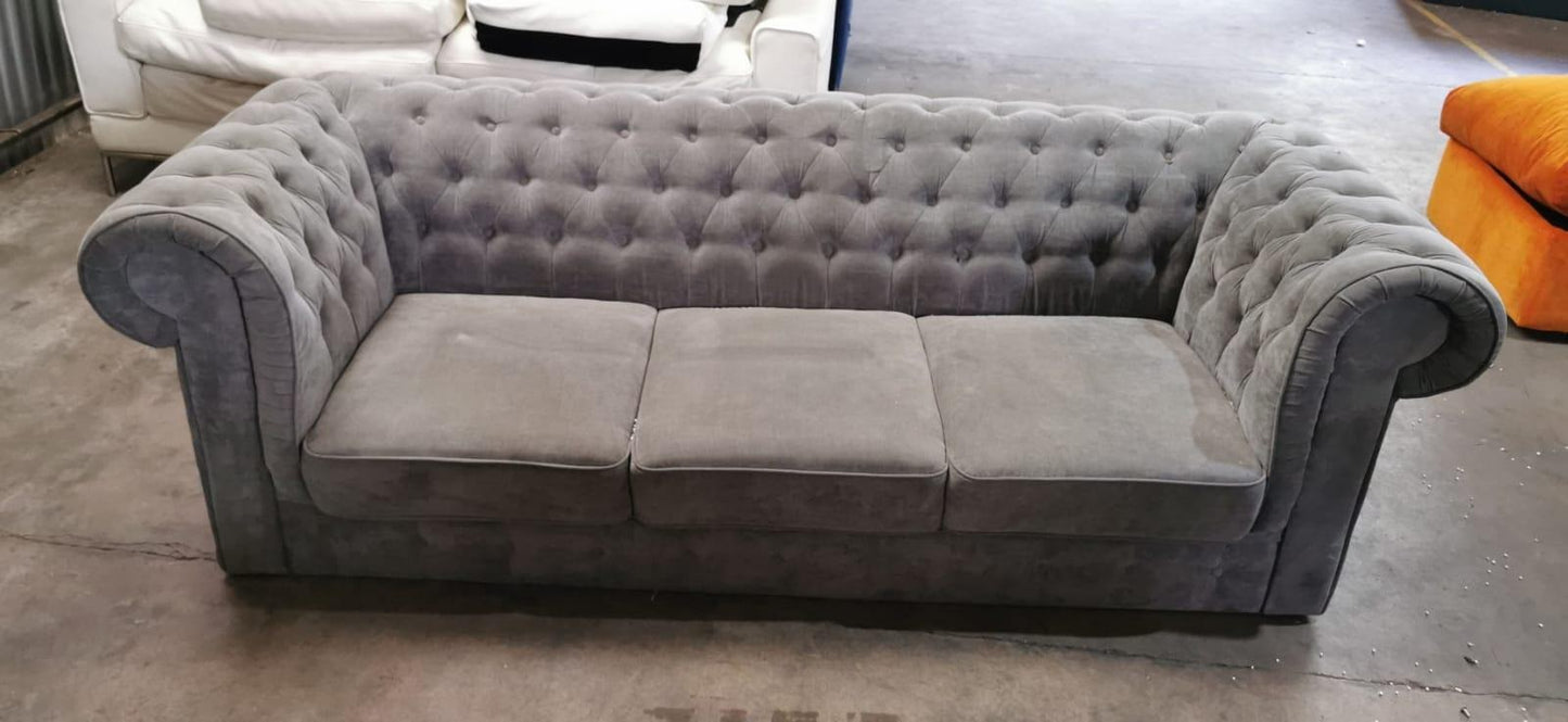 Grey Velvet Chesterfield, 85x220x70cm