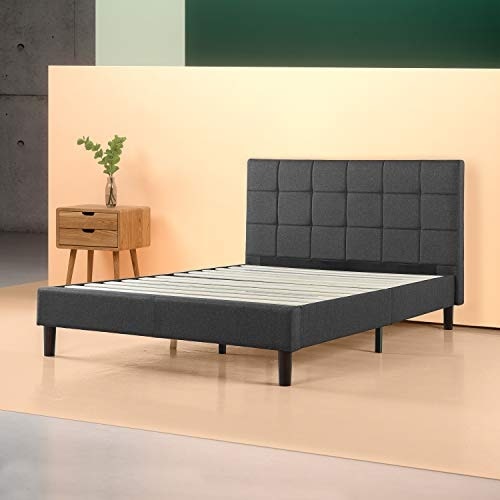 Zinus Grey Upholstered Square Stitched Platform SINGLE BED, 78.7 x 40.39 x 38cm