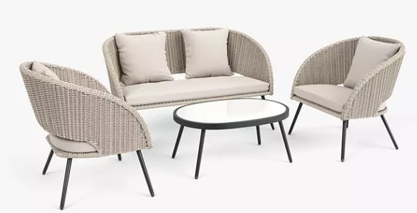 JOHN LEWIS CRÈME RATTAN GARDEN SUITE INCLUDING 2X ARMCHAIRS (1 INCOMPLETE) AND 3 SEATER SOFA AND GLASS TABLE