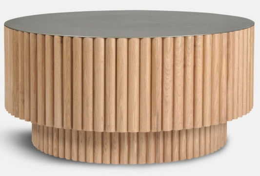 Barrel Round Coffee Table In Oak With Antiqued Brass Top, 95.2x95.2x45cm