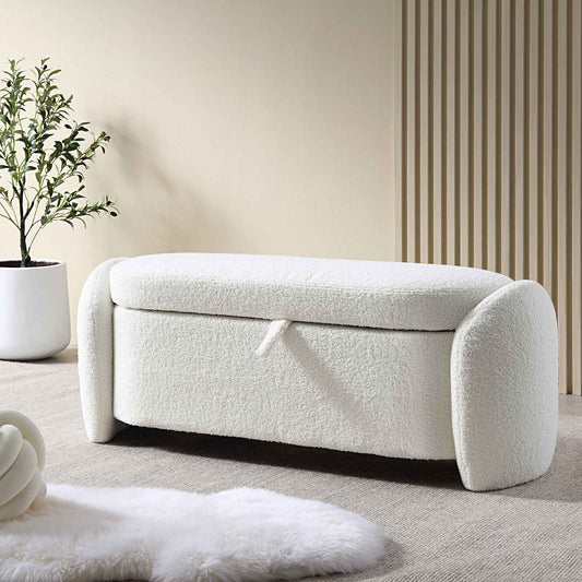 Loha White Teddy Boucle 129cm Large Storage Ottoman Bench, 129x48x50cm